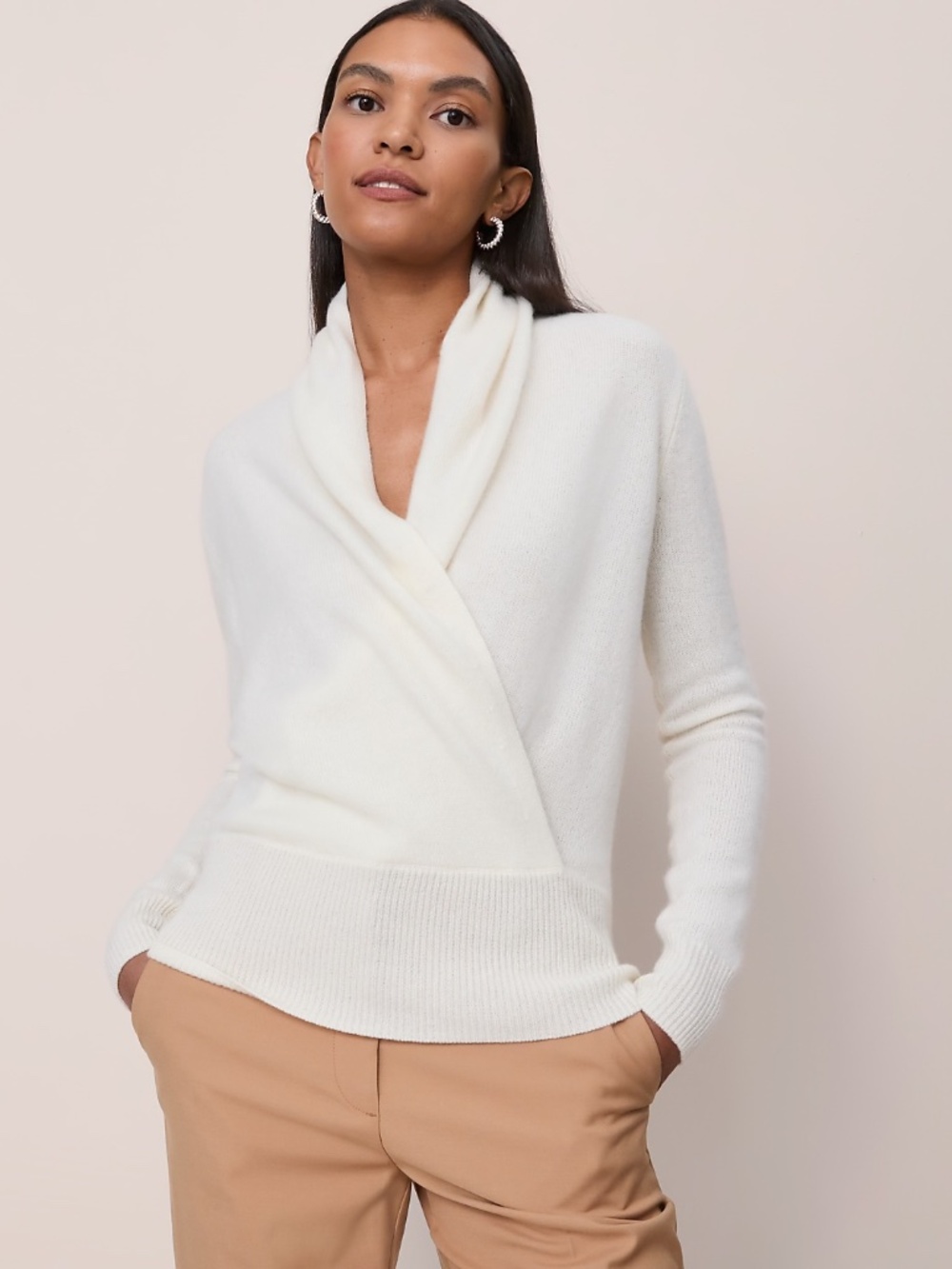 Ann Taylor 100% Cashmere Shawl Collar Wrap Sweater (Ivory) – Size Medium- NWOT
